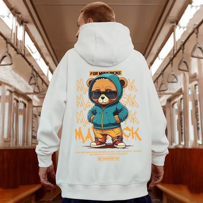 Fleece-lined Thick Bear Printed Hoodie