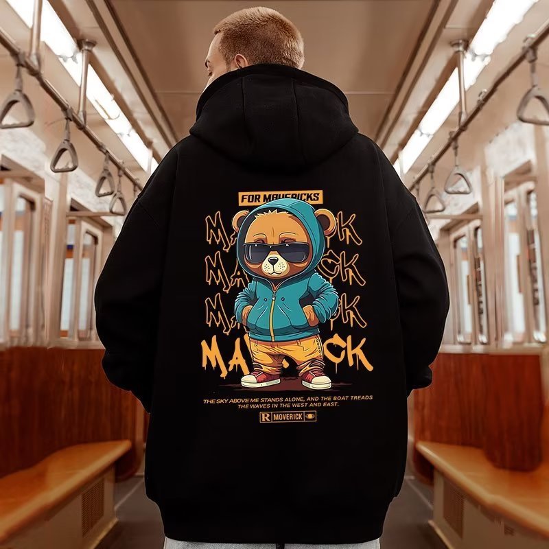 Fleece-lined Thick Bear Printed Hoodie