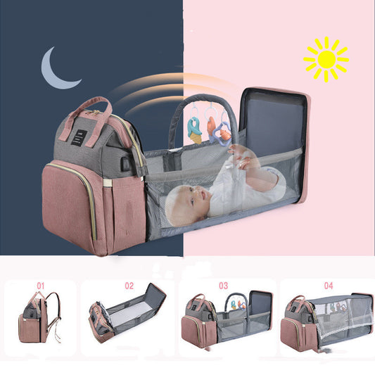 Travel Baby Crib Backpack – Large Capacity Nappy Bag with Insulated Milk Pockets & Changing Station