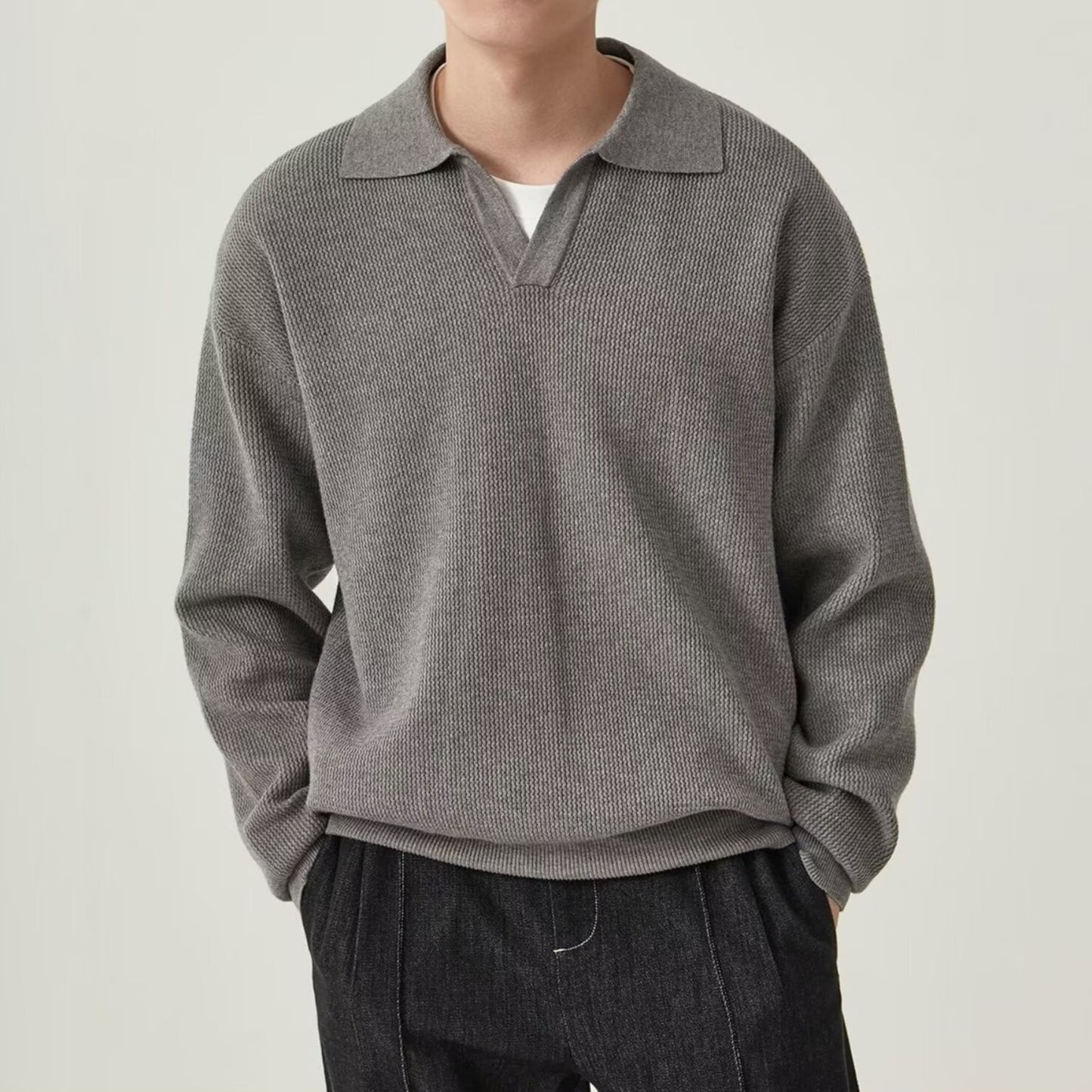 Men’s Solid Colour Loose Long Sleeve Pullover – Slim Fit Commuting Top